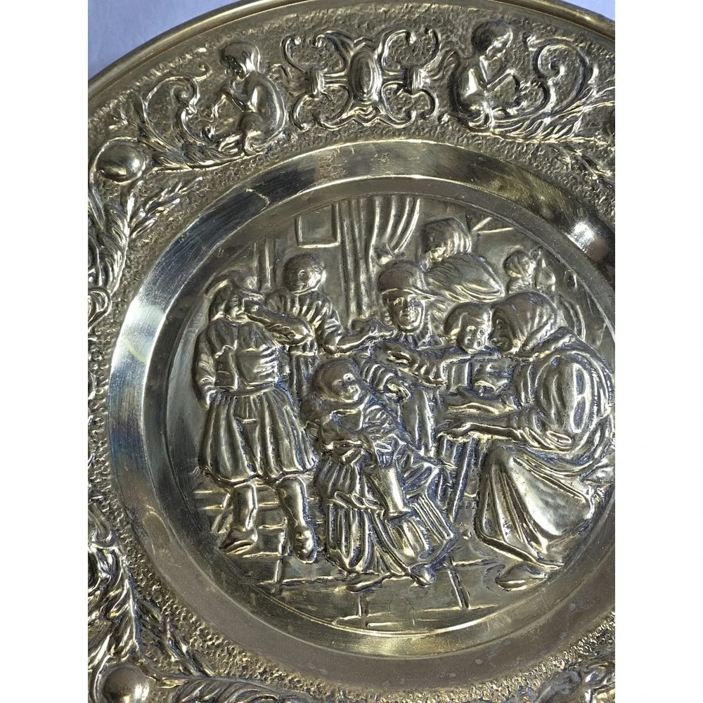 Vintage Brass Repousse Wall Plates Pair Dutch Genre Scenes Ornate Decorative
